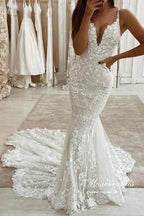 Vestido de novia rústico NumberSea de tul, corte sirena, escote en V y cola desmontable, MW973