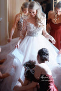 Vestido de novia NumberSea de tul con espalda descubierta, escote barco, mangas largas y encaje, MW986
