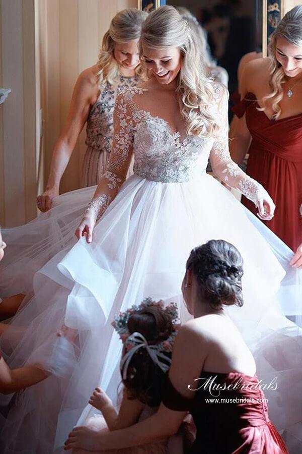 Vestido de novia NumberSea de tul con espalda descubierta, escote barco, mangas largas y encaje, MW986