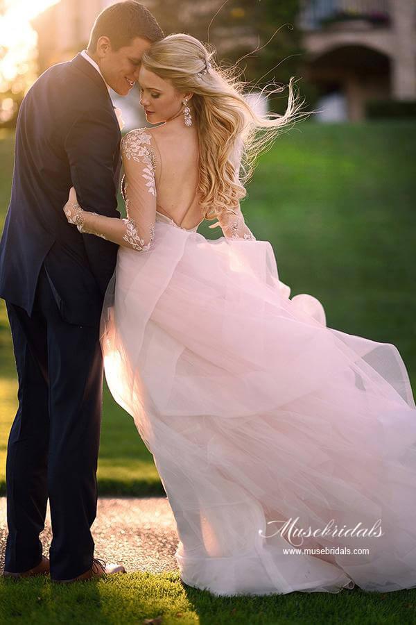 Vestido de novia NumberSea de tul con espalda descubierta, escote barco, mangas largas y encaje, MW986