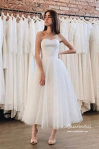 Vestido de novia corto sin tirantes, de satén y tul NumberSea, largo hasta los tobillos, MW970 