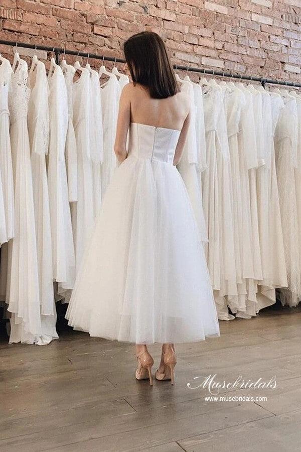Vestido de novia corto sin tirantes, de satén y tul NumberSea, largo hasta los tobillos, MW970 