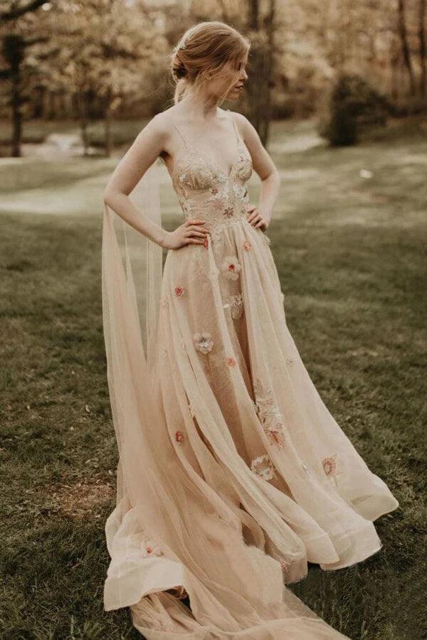 Vestido de novia NumberSea de tul con escote en V, flores 3D y tirantes finos, MW955