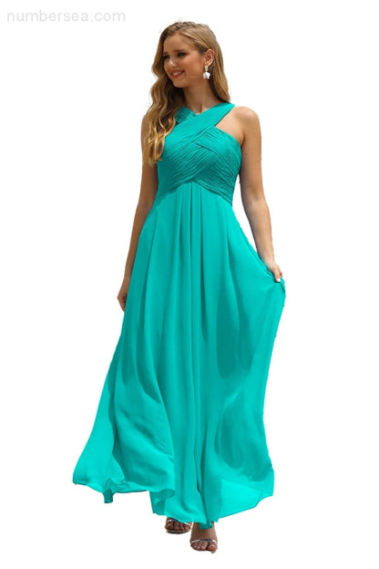 Numbersea Women Halter Chiffon Bridesmaid Dress A-Line Long Formal Prom Gown Sea28015