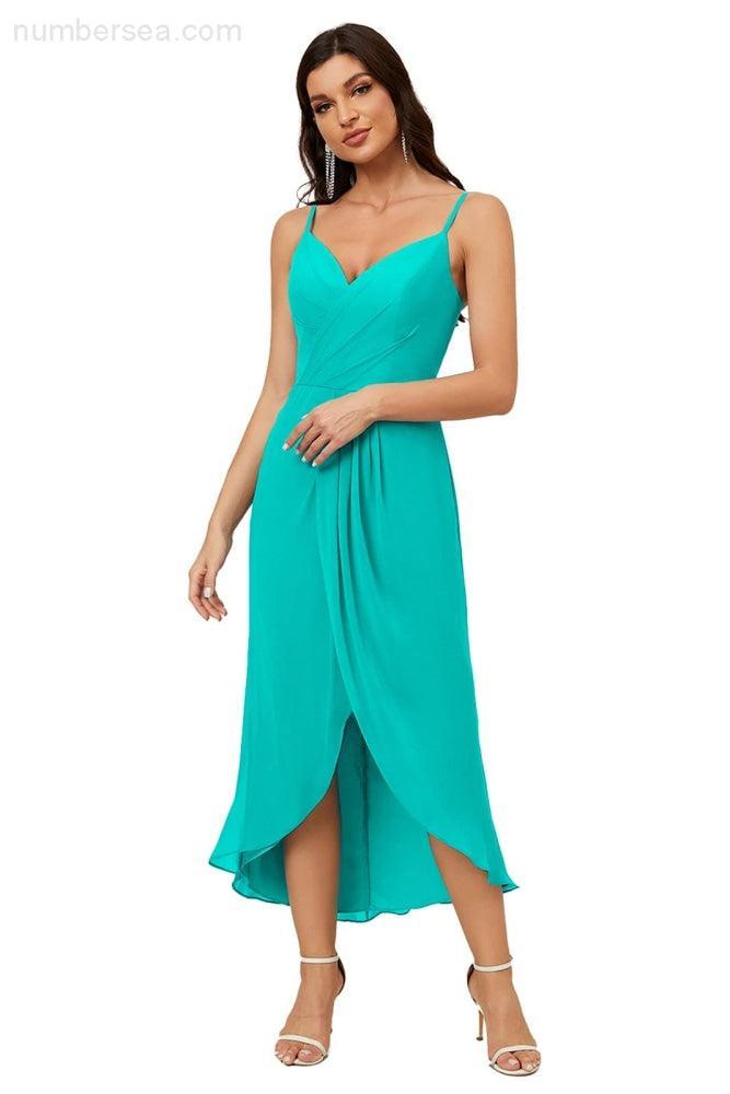 Numbersea Spaghetti Chiffon V Neck Bridesmaid Dress Mid-Length Slit Formal Prom Dress Homecoming Dress 2803-numbersea