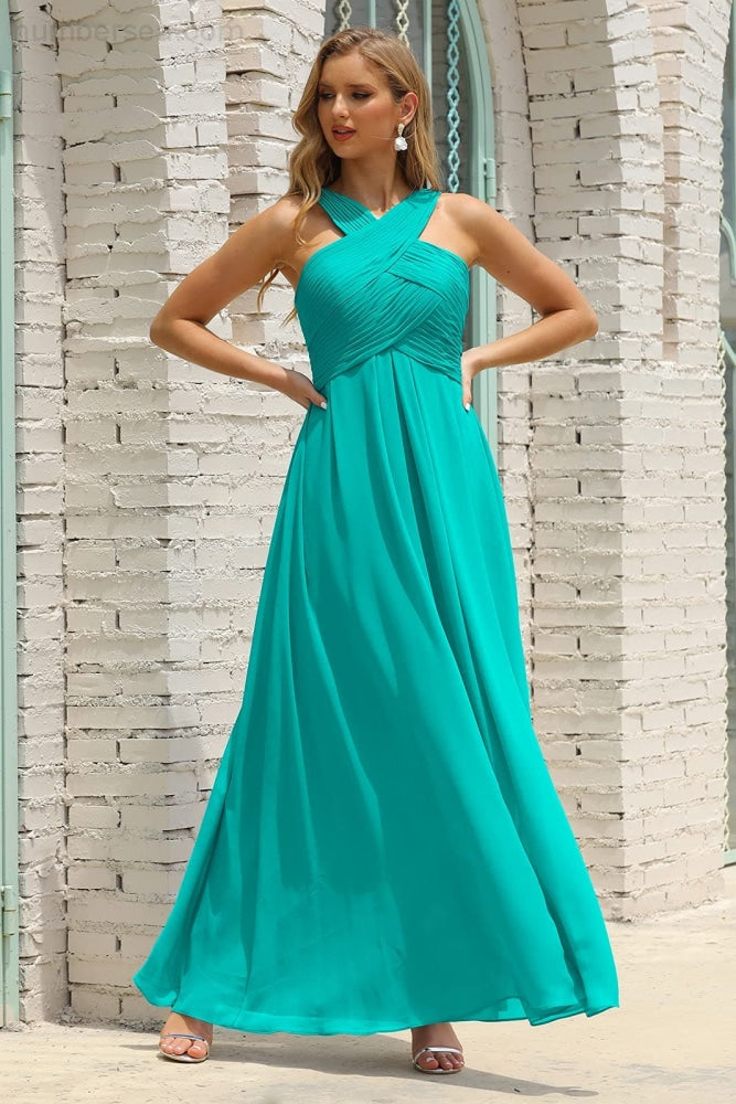 Numbersea Women Halter Chiffon Bridesmaid Dress A-Line Long Formal Prom Gown Sea28015