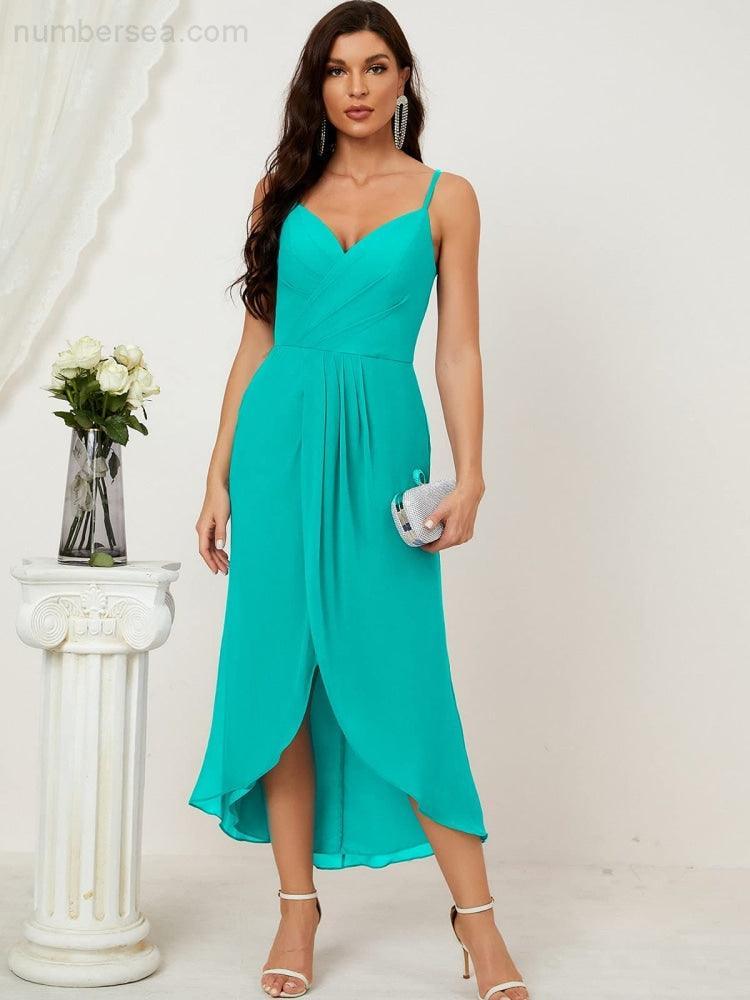 Numbersea Spaghetti Chiffon V Neck Bridesmaid Dress Mid-Length Slit Formal Prom Dress Homecoming Dress 2803-numbersea