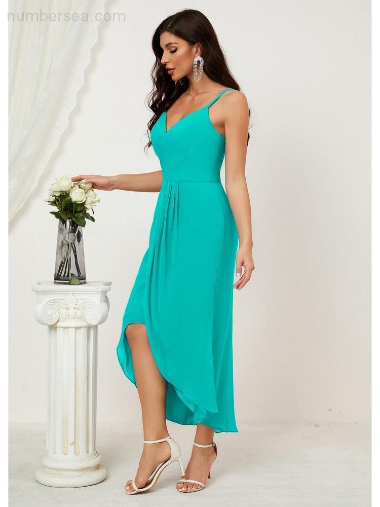 Numbersea Spaghetti Chiffon V Neck Bridesmaid Dress Mid-Length Slit Formal Prom Dress Homecoming Dress 2803-numbersea