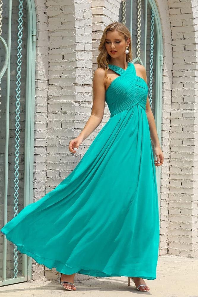 Numbersea Women Halter Chiffon Bridesmaid Dress A-Line Long Formal Prom Gown Sea28015