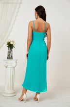 Numbersea Spaghetti Chiffon V Neck Bridesmaid Dress Mid-Length Slit Formal Prom Dress Homecoming Dress 2803-numbersea