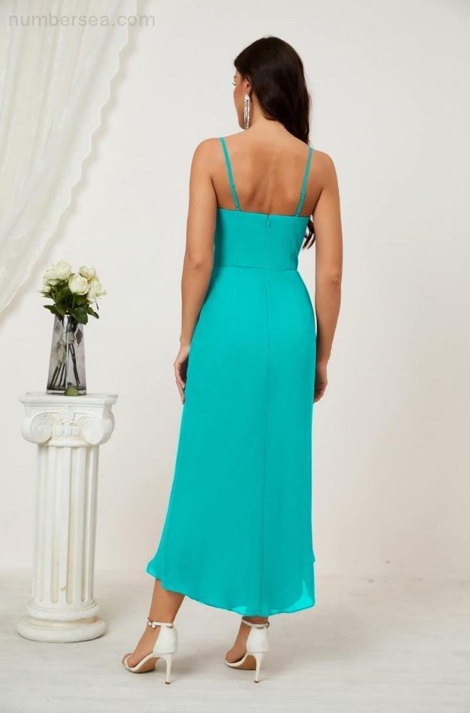 Numbersea Spaghetti Chiffon V Neck Bridesmaid Dress Mid-Length Slit Formal Prom Dress Homecoming Dress 2803-numbersea