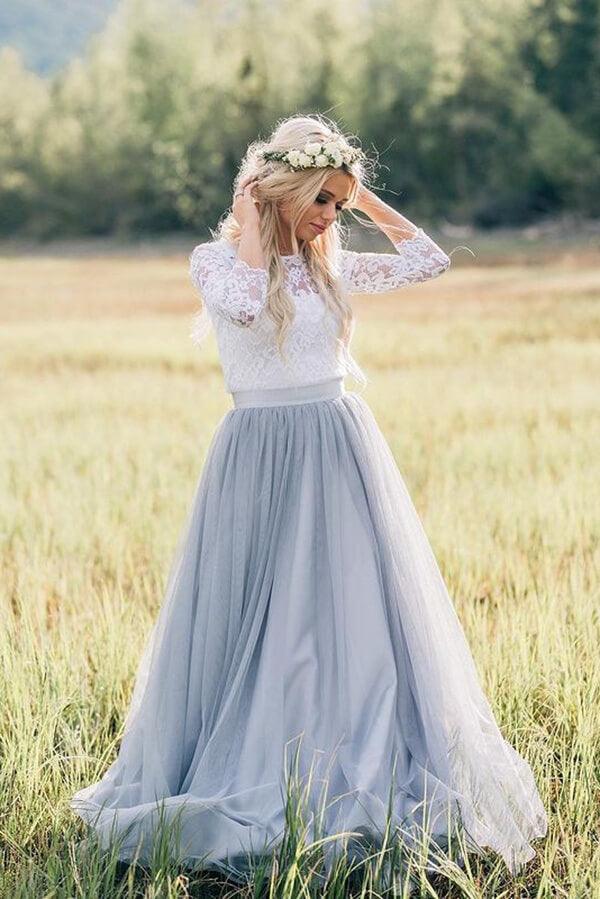 NumberSea Two Pieces 3/4 Sleeves Boho Wedding Dresses, Lace Wedding Gowns