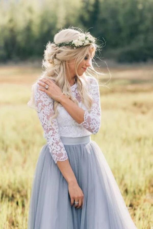 NumberSea Two Pieces 3/4 Sleeves Boho Wedding Dresses, Lace Wedding Gowns