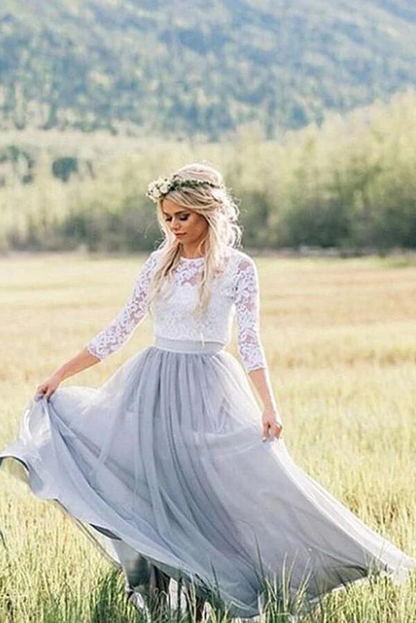 NumberSea Two Pieces 3/4 Sleeves Boho Wedding Dresses, Lace Wedding Gowns