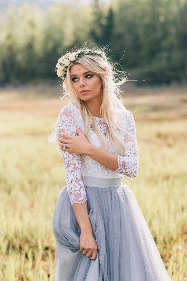NumberSea Two Pieces 3/4 Sleeves Boho Wedding Dresses, Lace Wedding Gowns