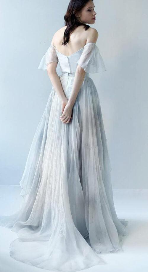 Vestido de novia NumberSea único de gasa azul grisácea con hombros descubiertos, MW592
