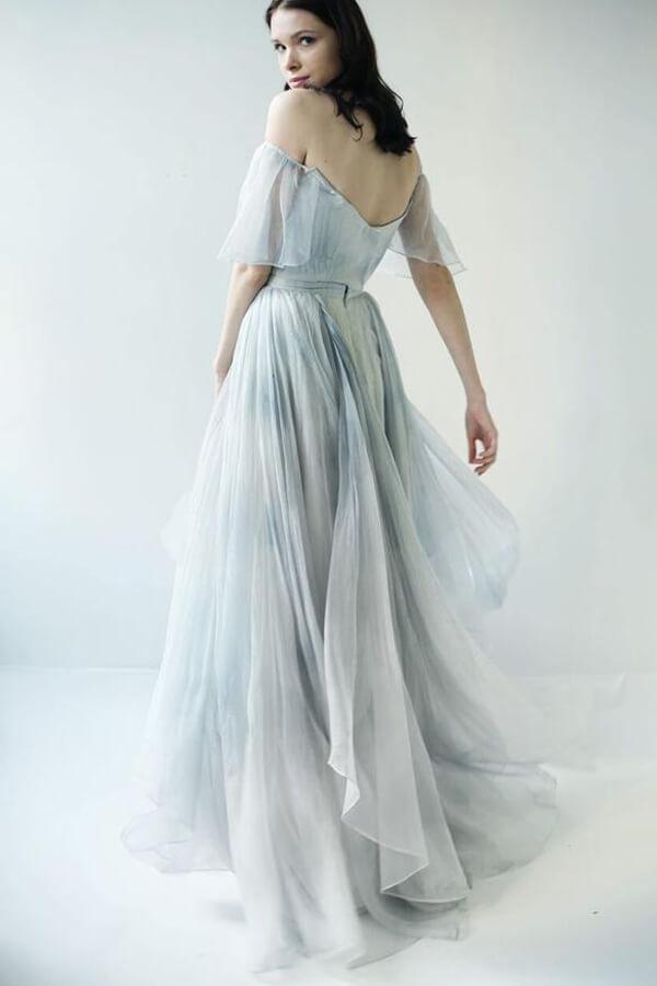 Vestido de novia NumberSea único de gasa azul grisácea con hombros descubiertos, MW592