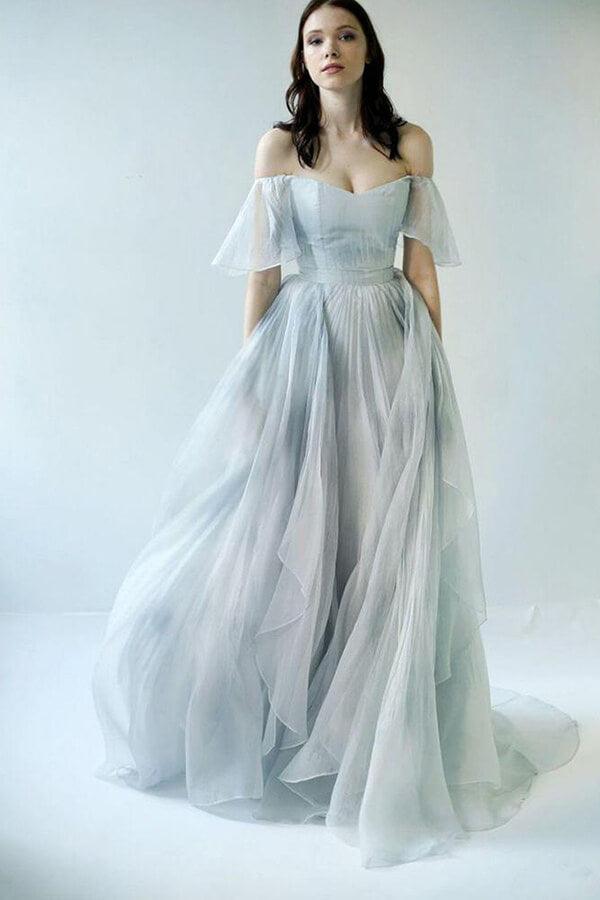 Vestido de novia NumberSea único de gasa azul grisácea con hombros descubiertos, MW592