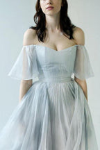 Vestido de novia NumberSea único de gasa azul grisácea con hombros descubiertos, MW592