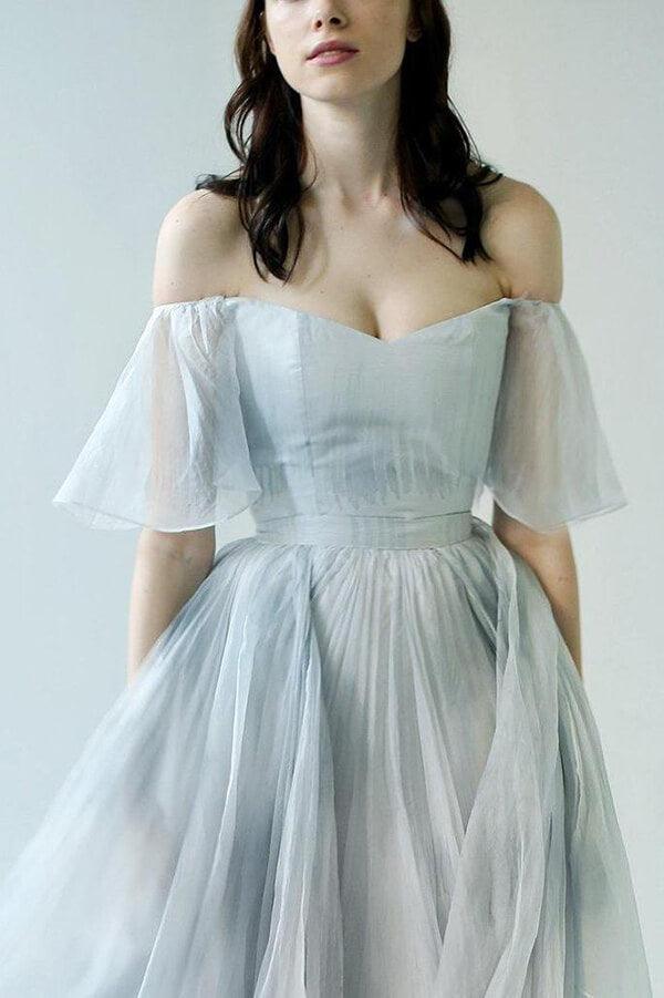 Vestido de novia NumberSea único de gasa azul grisácea con hombros descubiertos, MW592