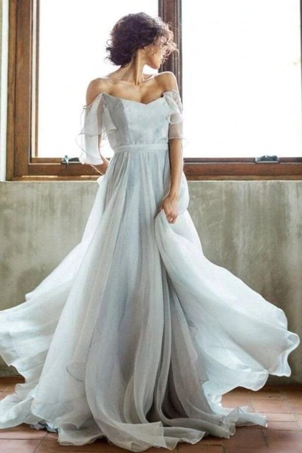 NumberSea Unique Grey Chiffon A-line Off Shoulder Wedding Dress, Wedding Gown