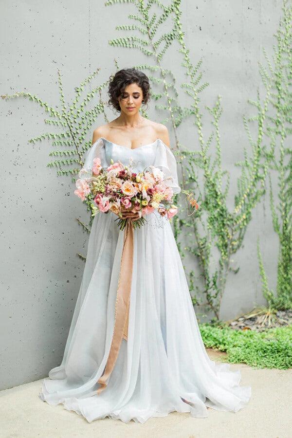 NumberSea Unique Grey Chiffon A-line Off Shoulder Wedding Dress, Wedding Gown