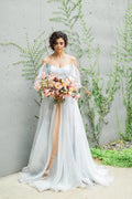 NumberSea Unique Grey Chiffon A-line Off Shoulder Wedding Dress, Wedding Gown