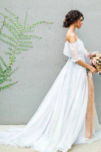 NumberSea Unique Grey Chiffon A-line Off Shoulder Wedding Dress, Wedding Gown