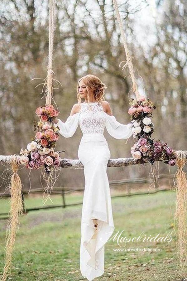 NumberSea Vestidos de novia únicos de manga larga con encaje de sirena, vestido de novia,