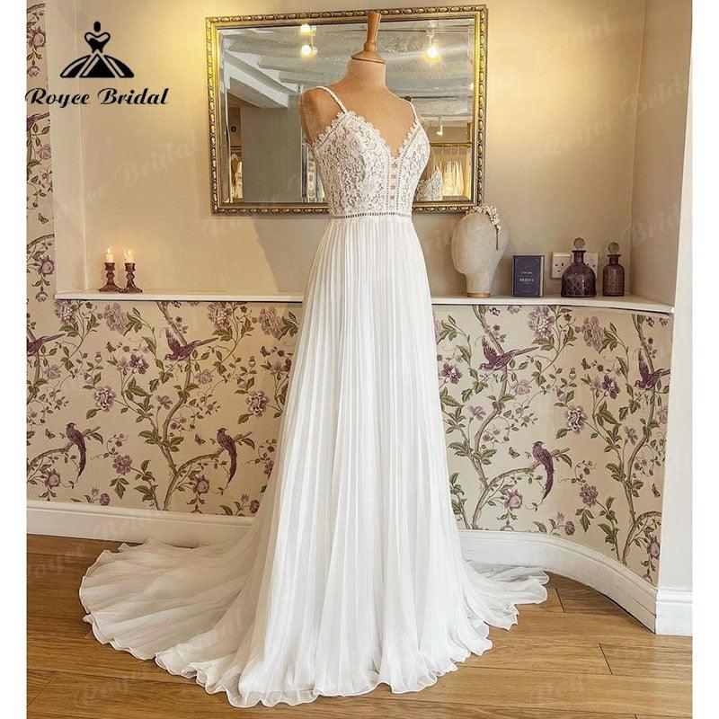 Vestido de novia con cuello en V, corpiño de encaje, tirantes finos, estilo bohemio con fruncidos, de gasa, bata nupcial civil, corte A, para playa, verano