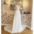 Vestido de novia con cuello en V, corpiño de encaje, tirantes finos, estilo bohemio con fruncidos, de gasa, bata nupcial civil, corte A, para playa, verano