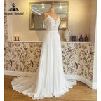 Vestido de novia con cuello en V, corpiño de encaje, tirantes finos, estilo bohemio con fruncidos, de gasa, bata nupcial civil, corte A, para playa, verano