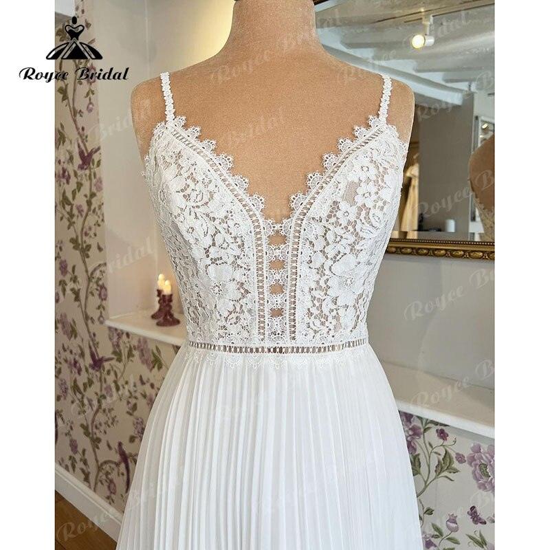 Vestido de novia con cuello en V, corpiño de encaje, tirantes finos, estilo bohemio con fruncidos, de gasa, bata nupcial civil, corte A, para playa, verano