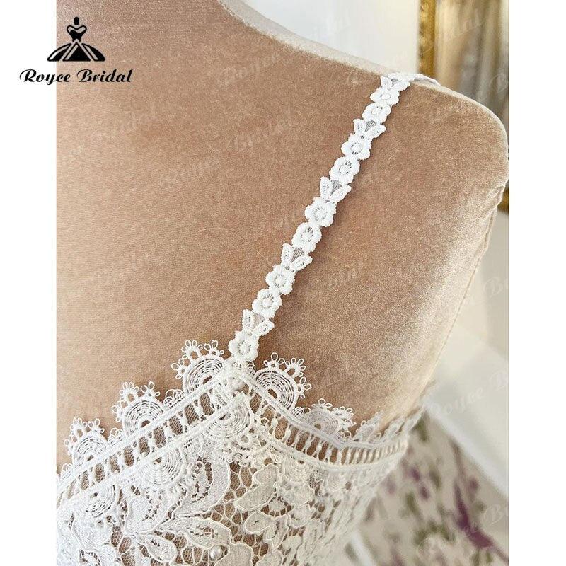 Vestido de novia con cuello en V, corpiño de encaje, tirantes finos, estilo bohemio con fruncidos, de gasa, bata nupcial civil, corte A, para playa, verano