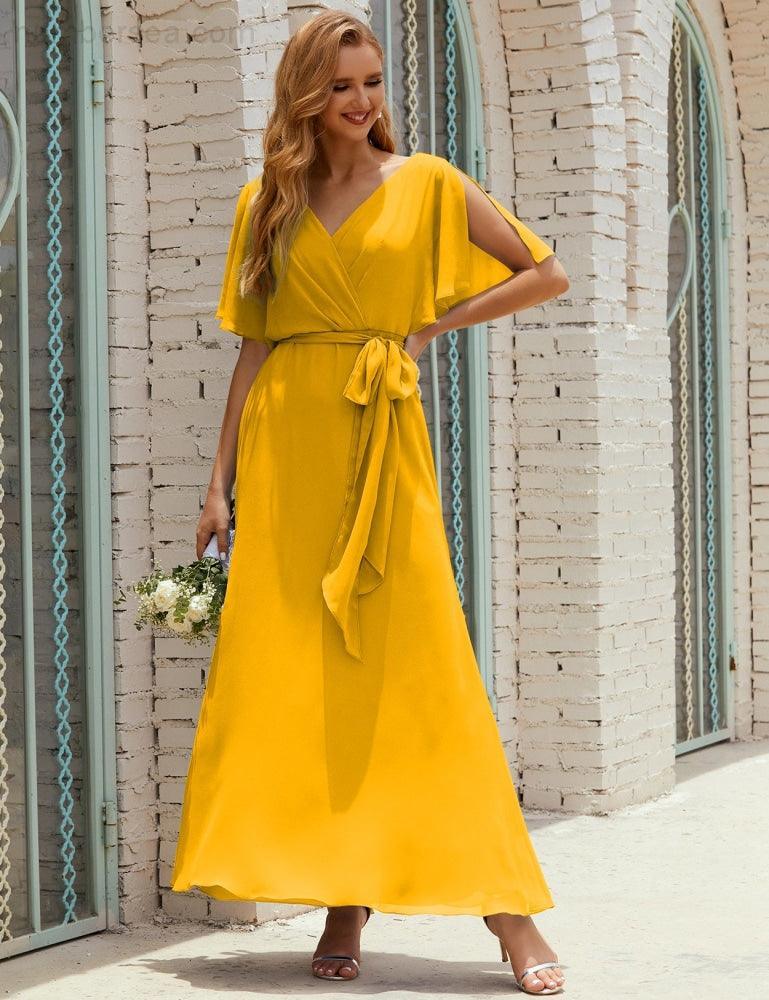 Numbersea V-Neck Bridesmaid Dress Long Formal Dresses with Belt for 28022-numbersea