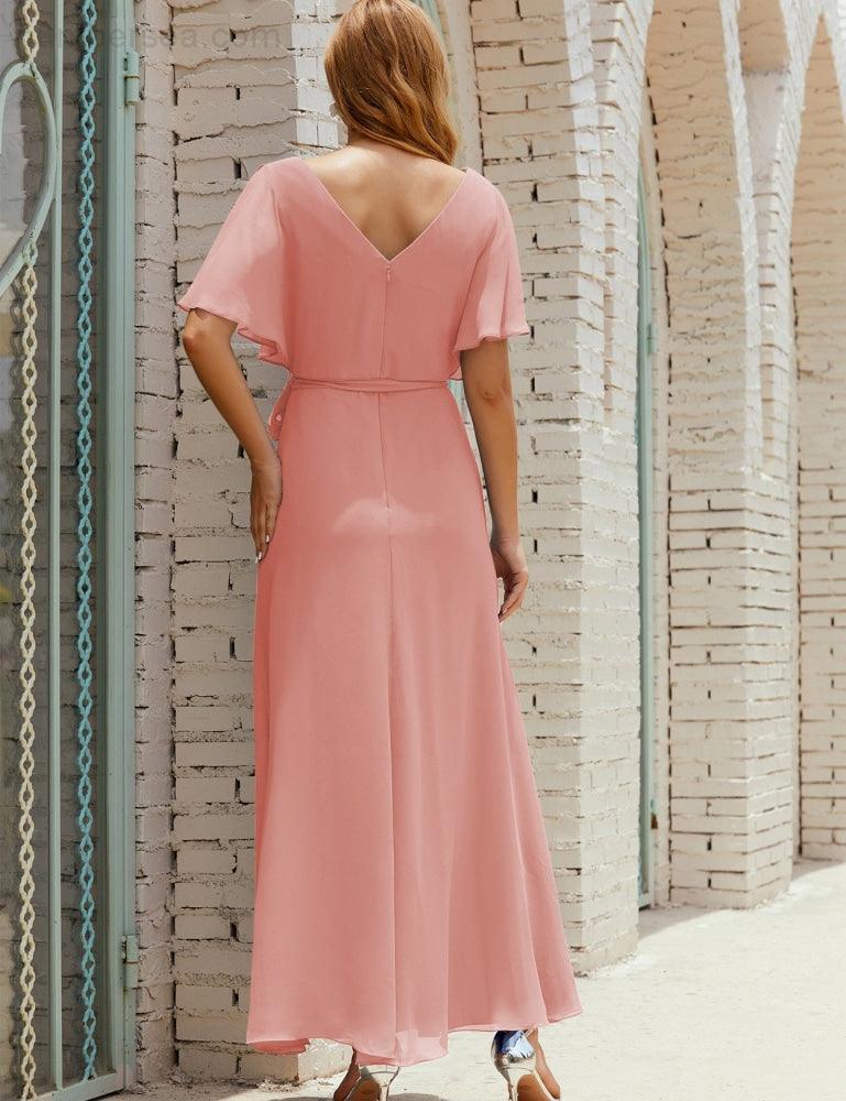 Numbersea V-Neck Bridesmaid Dress Long Formal Dresses with Belt for 28022-numbersea