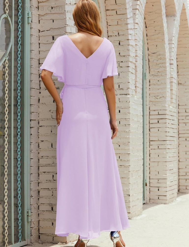 Numbersea V-Neck Bridesmaid Dress Long Formal Dresses with Belt for 28022-numbersea