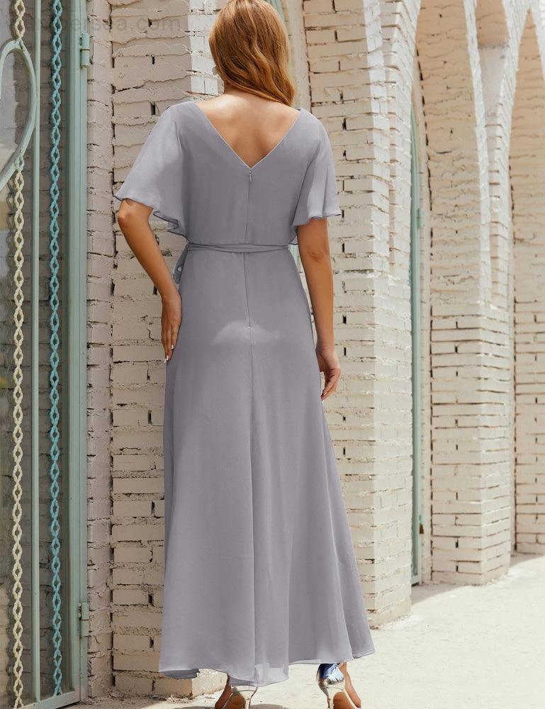 Numbersea V-Neck Bridesmaid Dress Long Formal Dresses with Belt for 28022-numbersea