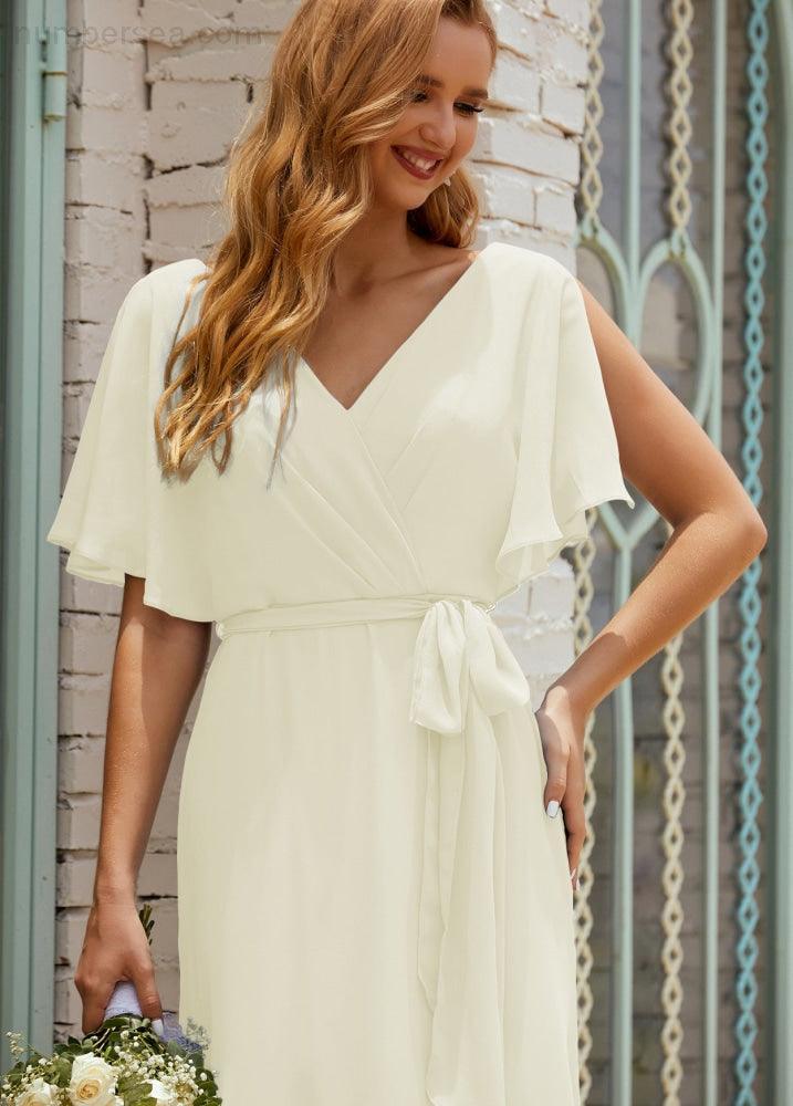 Numbersea V-Neck Bridesmaid Dress Long Formal Dresses with Belt for 28022-numbersea