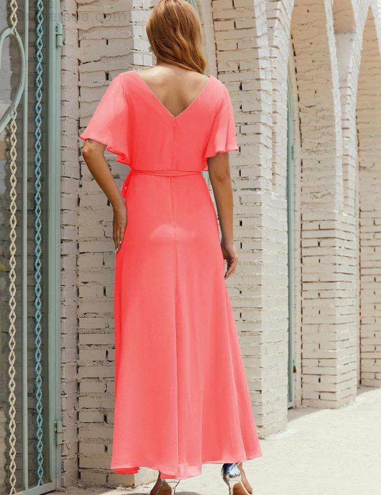 Numbersea V-Neck Bridesmaid Dress Long Formal Dresses with Belt for 28022-numbersea