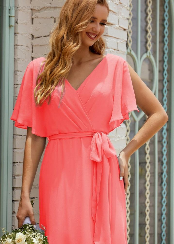 Numbersea V-Neck Bridesmaid Dress Long Formal Dresses with Belt for 28022-numbersea