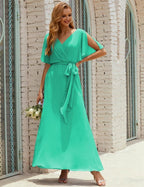 Numbersea V-Neck Bridesmaid Dress Long Formal Dresses with Belt for 28022-numbersea
