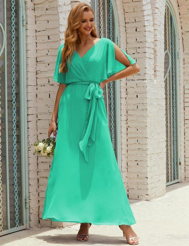Numbersea V-Neck Bridesmaid Dress Long Formal Dresses with Belt for 28022-numbersea