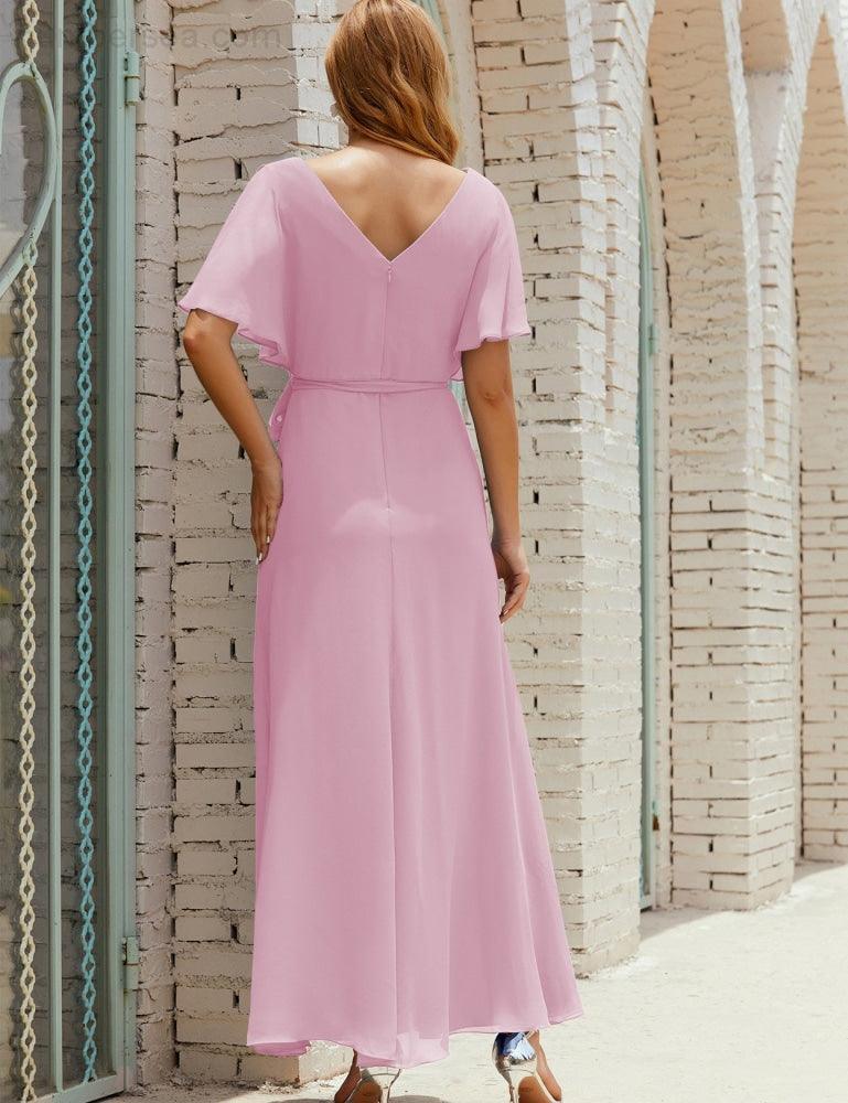 Numbersea V-Neck Bridesmaid Dress Long Formal Dresses with Belt for 28022-numbersea