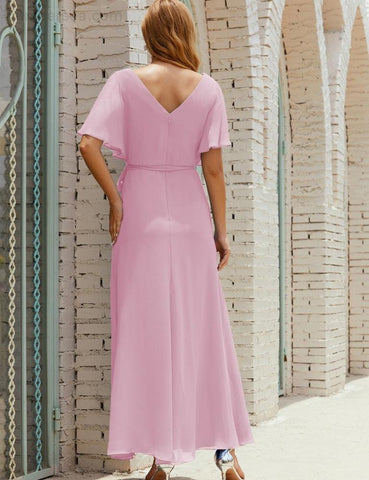 Numbersea V-Neck Bridesmaid Dress Long Formal Dresses with Belt for 28022-numbersea