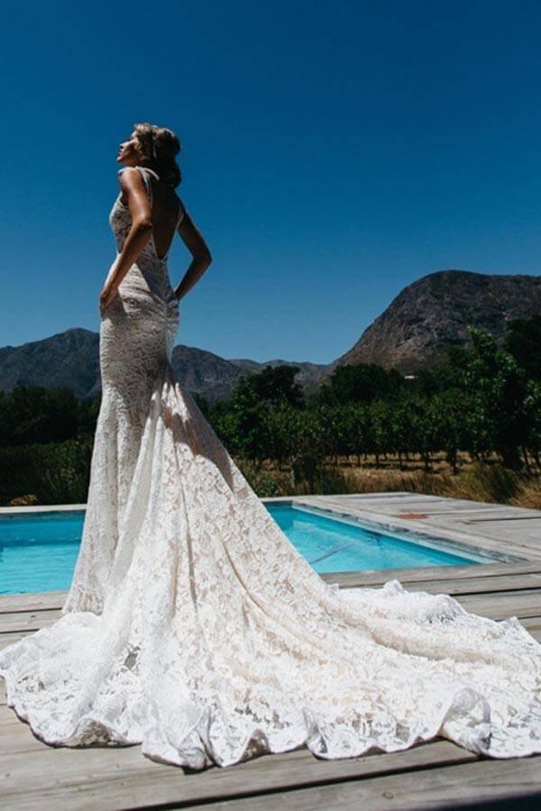 Vestido de novia NumberSea con escote en V, corte sirena, sin mangas, espalda descubierta, encaje, bolsillos y cola de corte, MW398