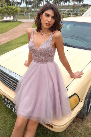 V Neck Open Back Blush Pink Sequin Short Prom Homcoming Dress