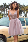 V Neck Open Back Blush Pink Sequin Short Prom Homcoming Dress
