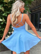 V Neck Short Purple Homecoming Dresses Crossed Back Mini Party Dress
