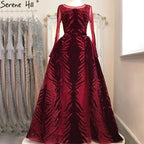 Weinrotes Abendkleid aus Samt mit langen Ärmeln, luxuriöses Design, Perlenbesatz, formelles Kleid 2024, Serene Hill, Übergröße LA60903 